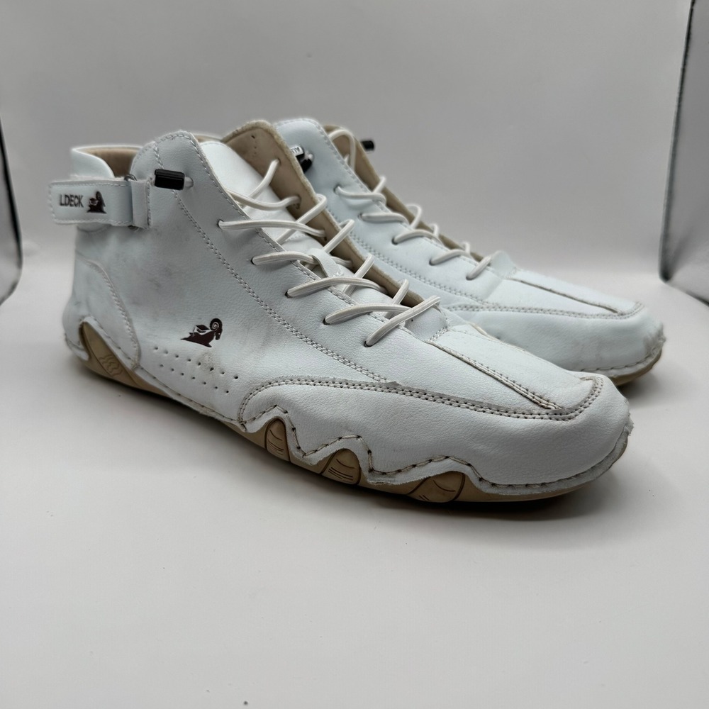 LDECK High Top Sneakers Mens 47 White Leather Hook Loop Strap Casual Shoes